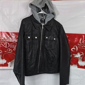 Alivia Ford Women's Black Leather Jacket with Gray Hood Lined Size XL ( W482)